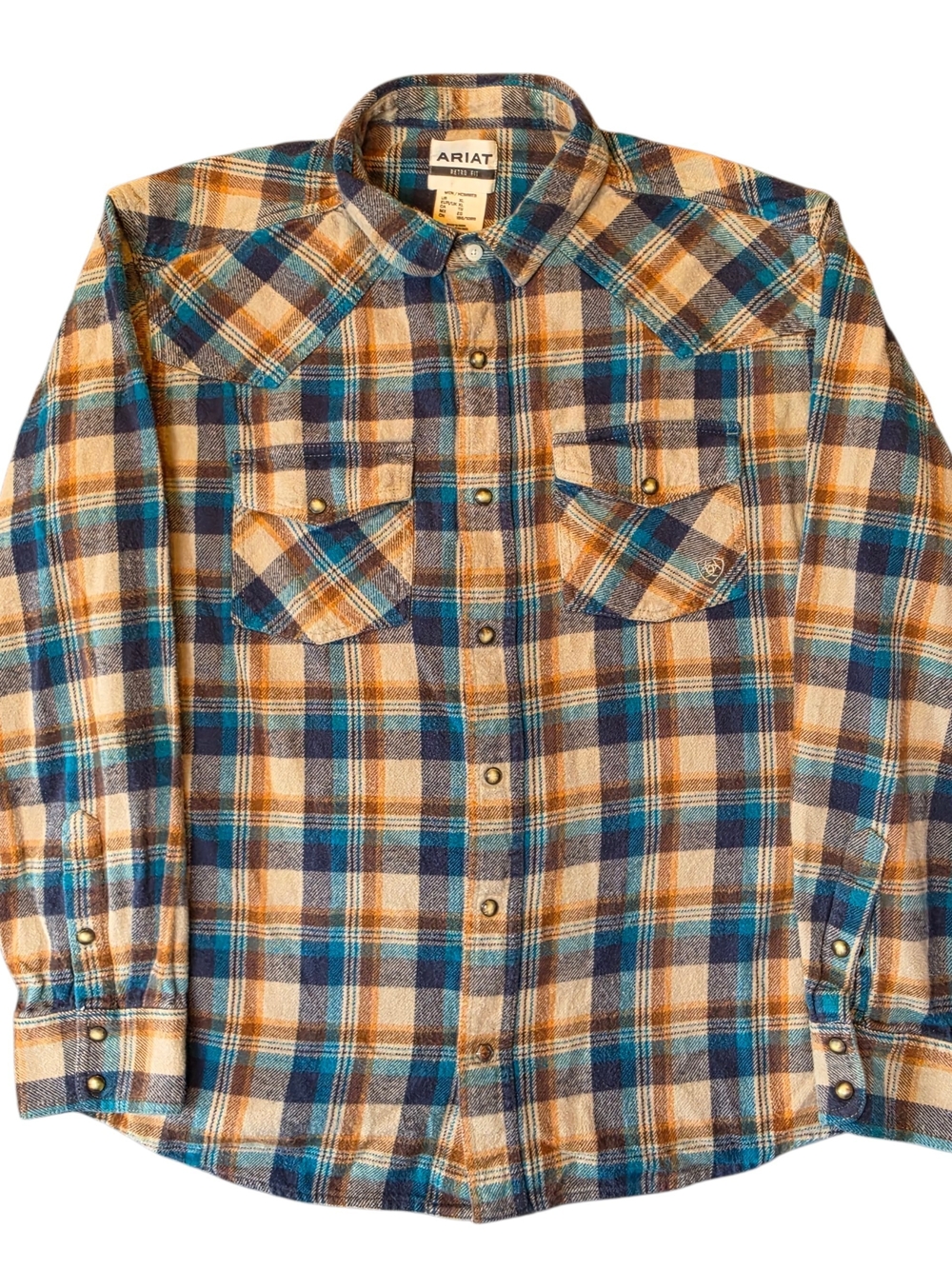 Ariat Mens XL Long-Sleeve Western Snap Shirt Brown Blue Plaid Outdoor Cowboy